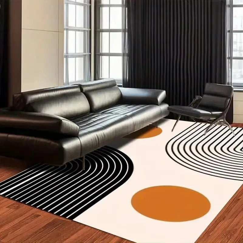 Low Pile Area Mat Modern Abstract Non Slip Black White Stripes Orange Circles Plush Dot Backing Machine Washable Living Room