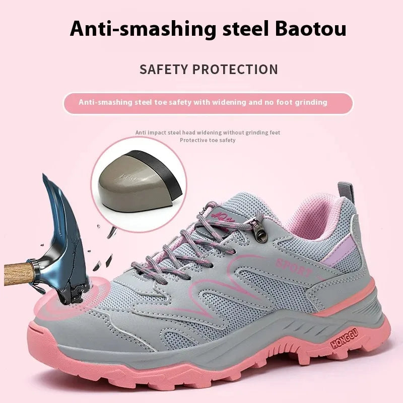 Women's Safety Shoes Anti Smash Puncture Proof Work Shoe Indestructible Steel Toe Breathable Running Shoes Lace Up Women Shoes