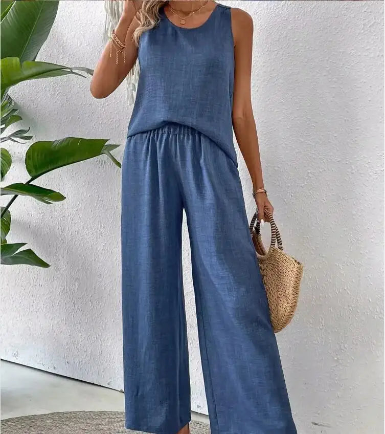 Spring Summer Fashion Solid Two Piece Sets 2024 Women Casual Loose Hollow Lace Sleeveless Top Wide Leg Pants Two Piece Set Woman
