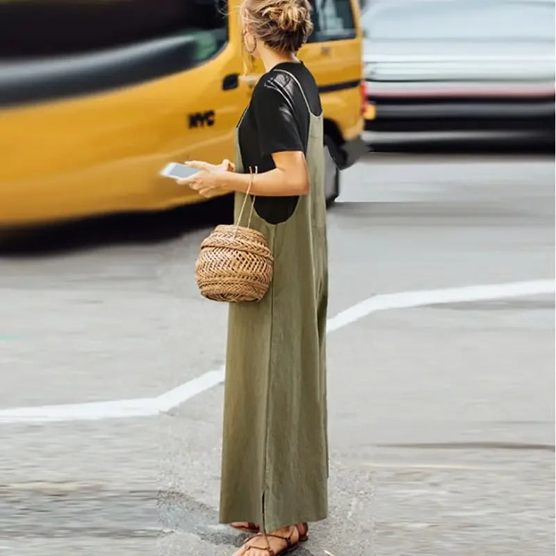 Women's Summer Sleeveless Jumpsuit Solid Color Wide Leg Bib Overalls Casual Loose Cotton Linen Straps Dungaree