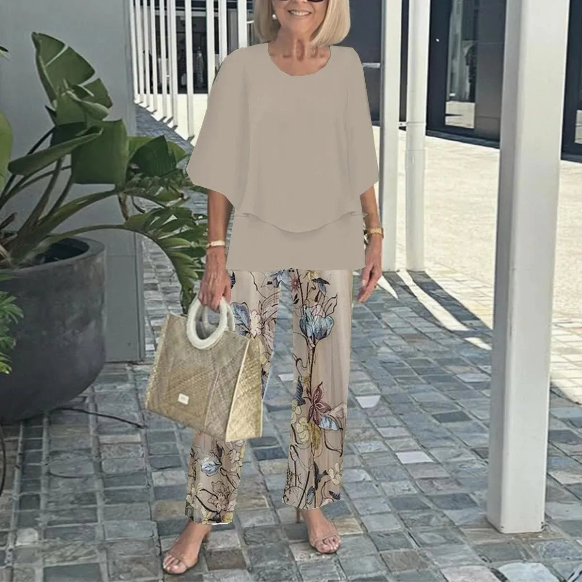 Summer Fashion New 2 piece Sets Women o-neck Sleeve print Pants Suits Casual Loose Irregular Top Wide Leg Pant two piece Set