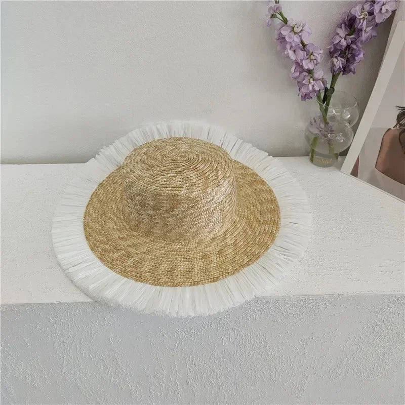 Straw summer hat French elegant ladies seaside travel sun hat Hepburn style wide brim hat  햇빛가리개 모자 모자