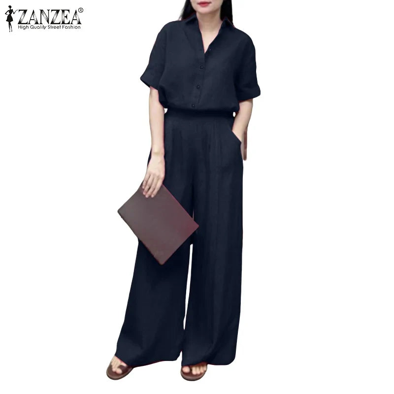Summer Women's Casual Pant Suits Wide Leg Pant & Half Sleeve Shirt 2 Piece Sets ZANZEA Solid Color Commuting Day Wear Pant Sets