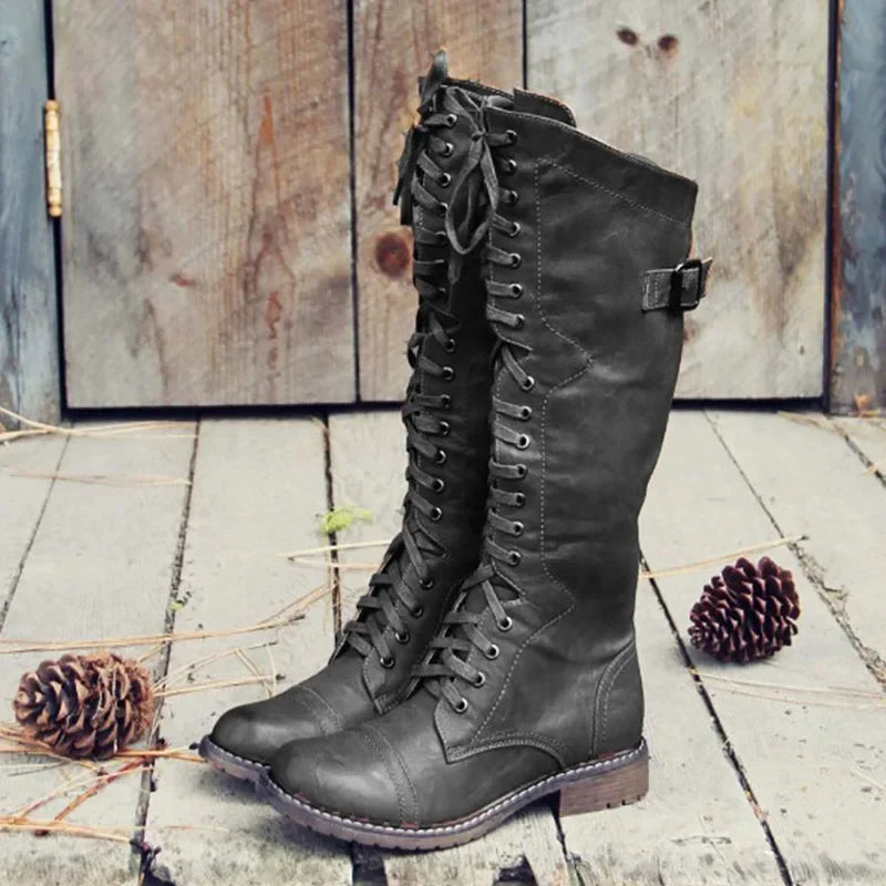Women Knee High Boots Autumn Winter Lace Up Flat Shoes Sexy PU Leather Shoes Retro Buckle Women Shoes Fashion Black Knight Boots