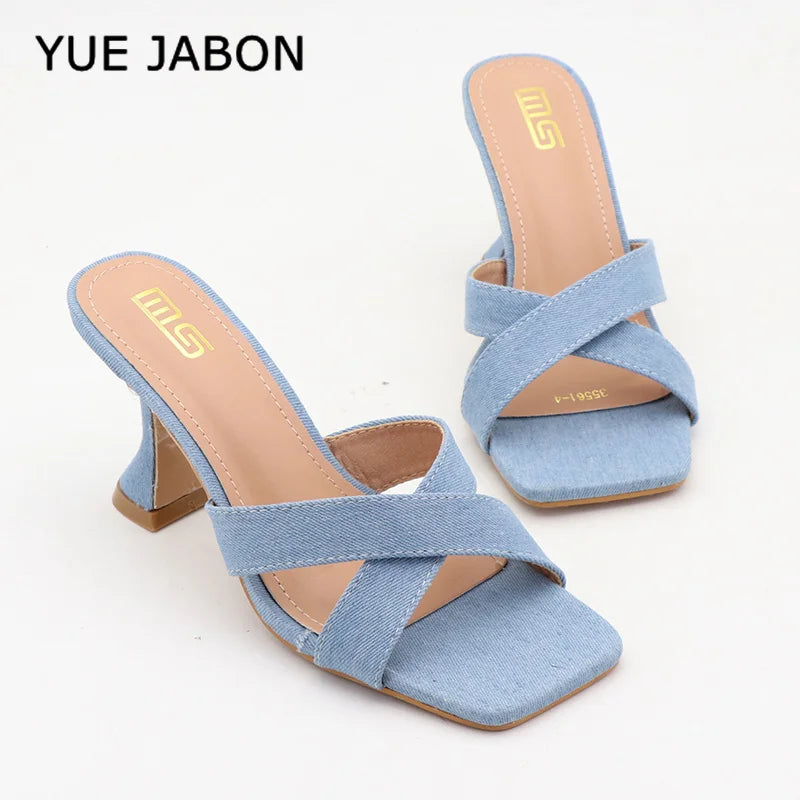 Blue Women's Shoes 2026 Fashion Summer Women's Slippers Square Toe Solid Color Denim Slip On Chunky Heels Casual Shoes Women