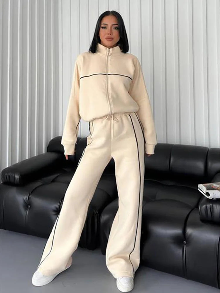 2026 New Cross-Border European American Amazon Casual Set: Long-Sleeve Semi-High-Neck Cardigan Sweatshirt With Tie And Striped