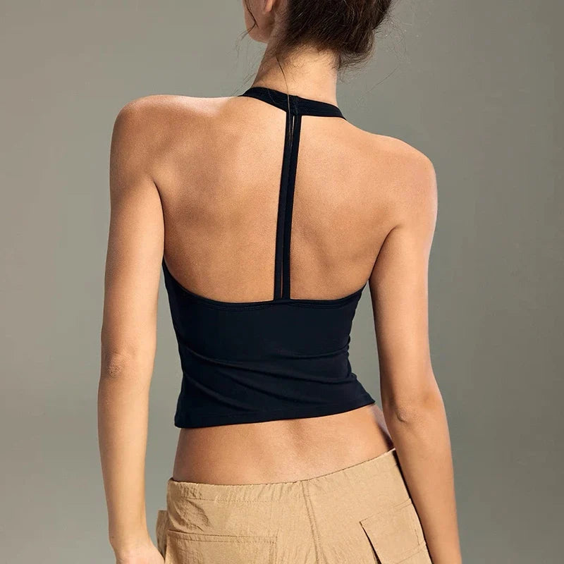 Women's Summer V-Neck Yoga Sports Vest Hanging Back Neck Design Outdoor Running Training Gathered Fit Top for Active Wear