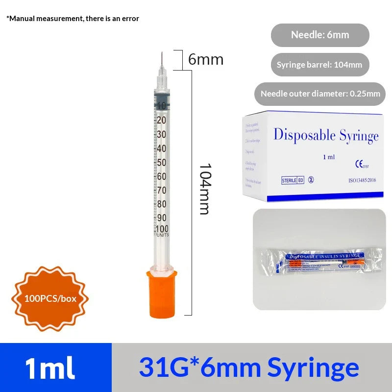 100pcs 1ml Sterile Insulin Syringe, Individually Wrapped Plastic