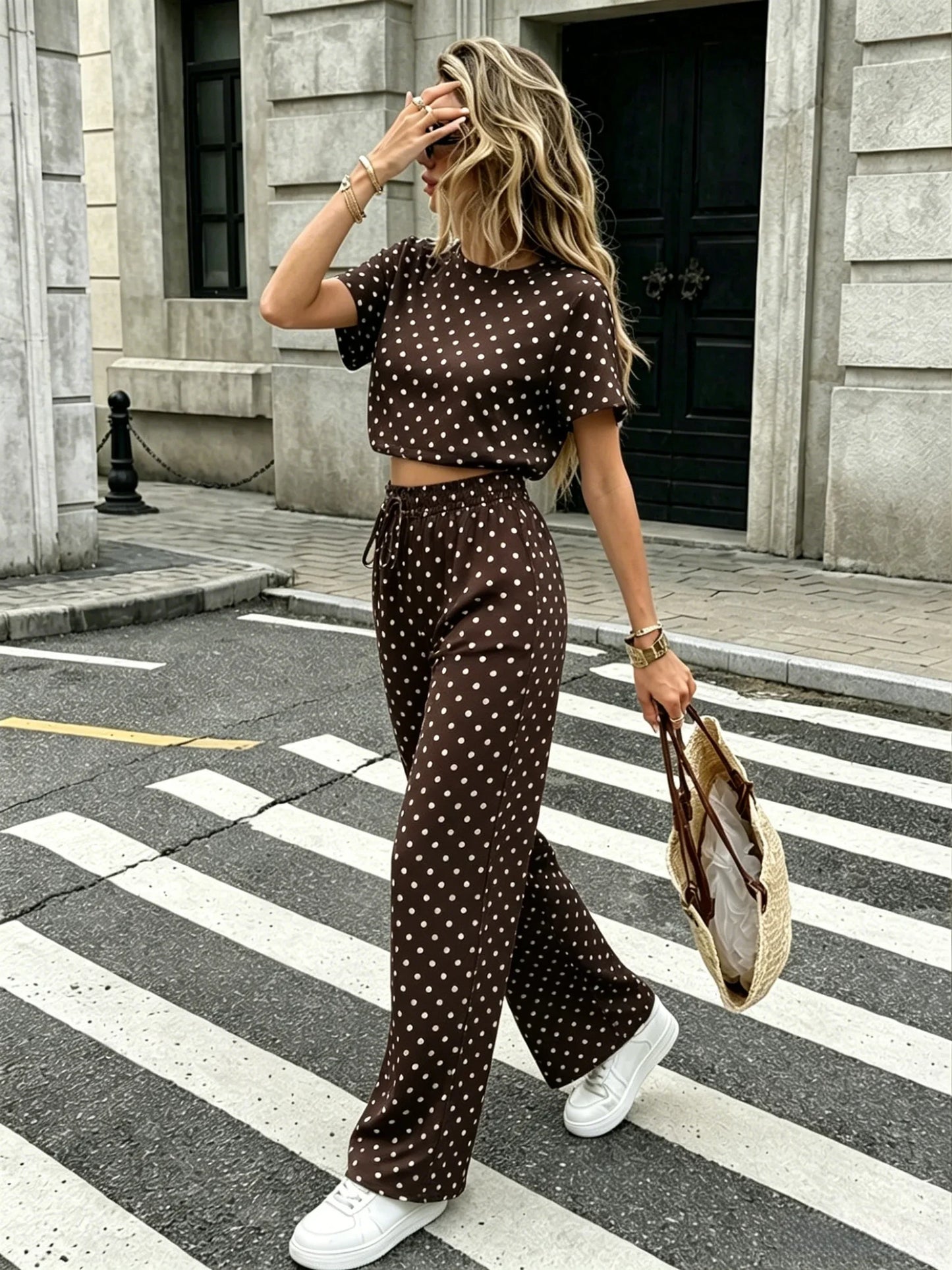 Women Polka Dot 2 Pcs Summer Set Short Sleeve Crop Top Drawstring Wide Leg Pants, Vacation Streetwear Matching Outfits