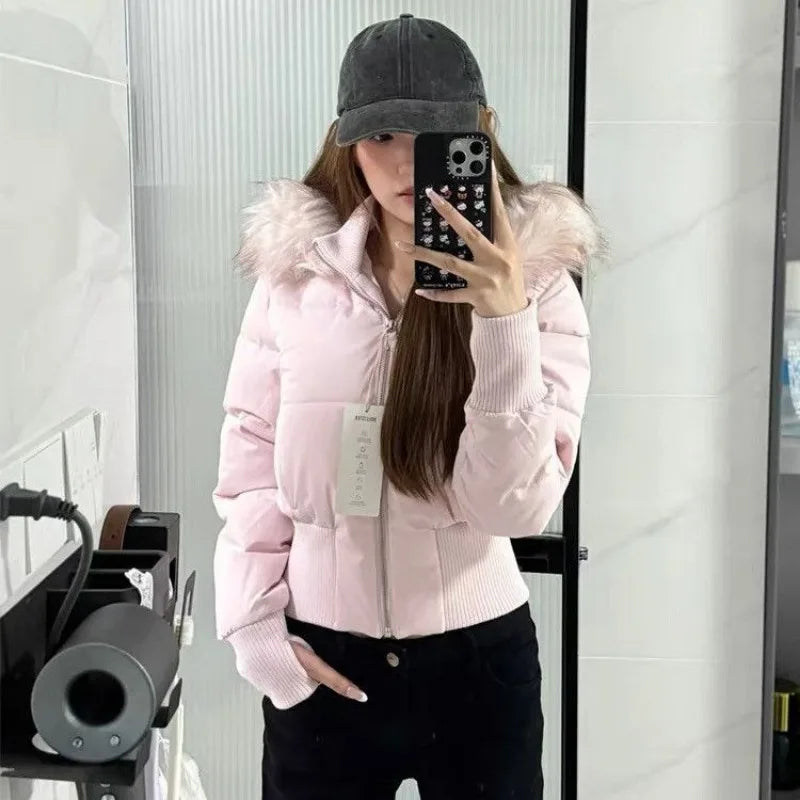Autumn Winter Fur Collar Hooded Cropped Puffer Jacket Women's Warm Cotton Padded Jacket Short Top Windproof Coat Y2K High Waist
