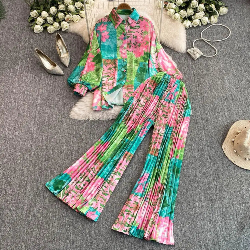 Elegant For Women's Fashion Sets Casual Long Sleeve Shirt Straight Pants Suit Female 2024 Loose Print Tops Two Pieces Outfits