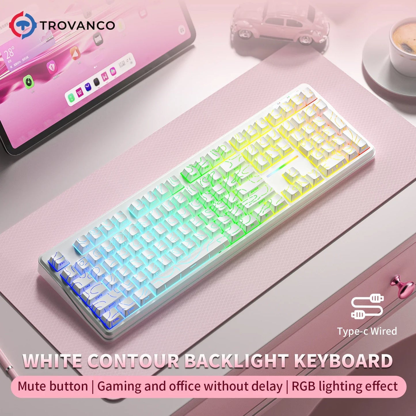 V108 Bluetooth Keyboard  Office Low Noise 2.4G Wired&Wireless Full Layout with RGB Backlit Membrane