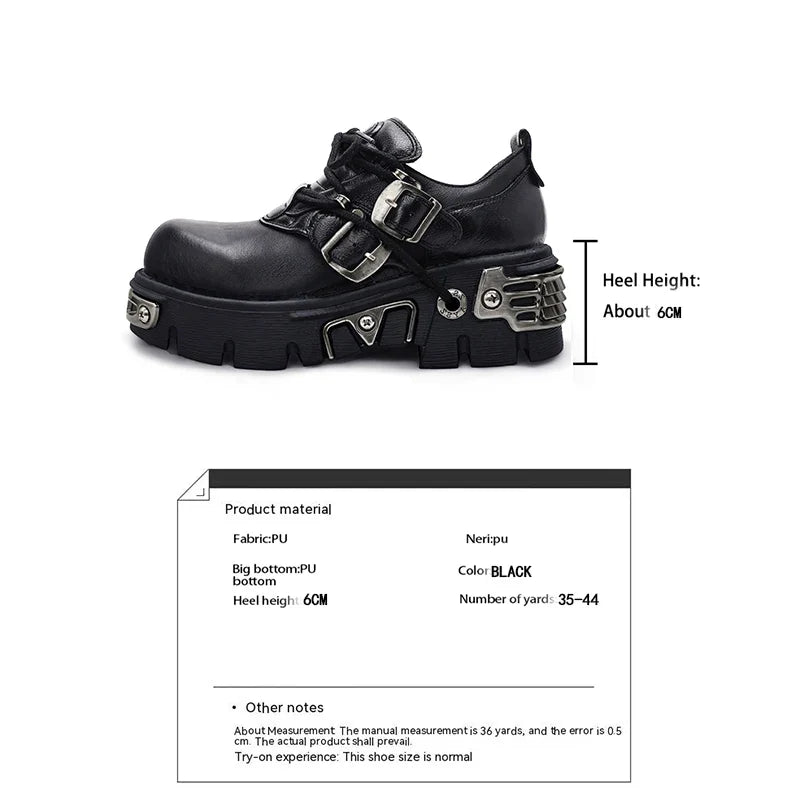 Platform Metal Punk Flats Cross Tied Buckle Single Shoes Zip Round Toe Gothic Runway Casual Women Shoes Goth Black Chunky