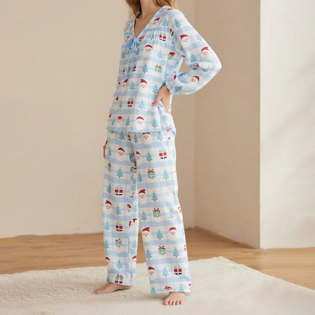 Women Christmas Pajamas Long Sleeve Tie-up V Neck Tops and Pants Loose Fall Winter Two Piece Loungewear