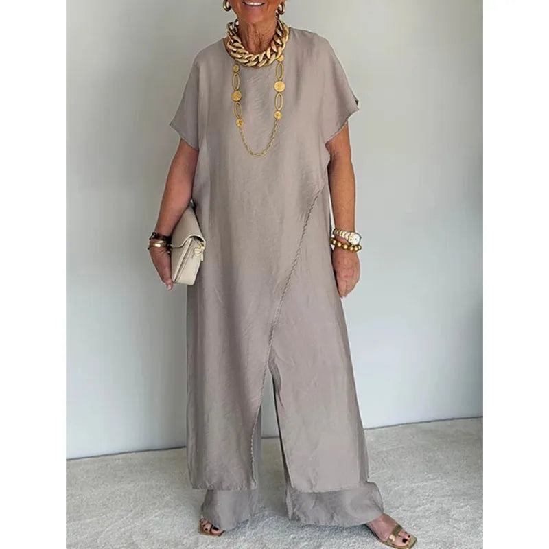 Loose Irregular 2 Piece Set for Women Short Sleeve Round Neck Long Top + Wide Leg Pants Casual Outdoor Commuting Versatile Suit