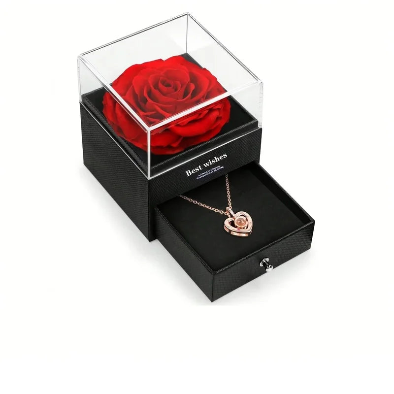Preserved Red Rose with I Love You Necklace, for Women, Mom, Wife,Christmas Valentines Day Mothers Day Anniversary Birthday Gift
