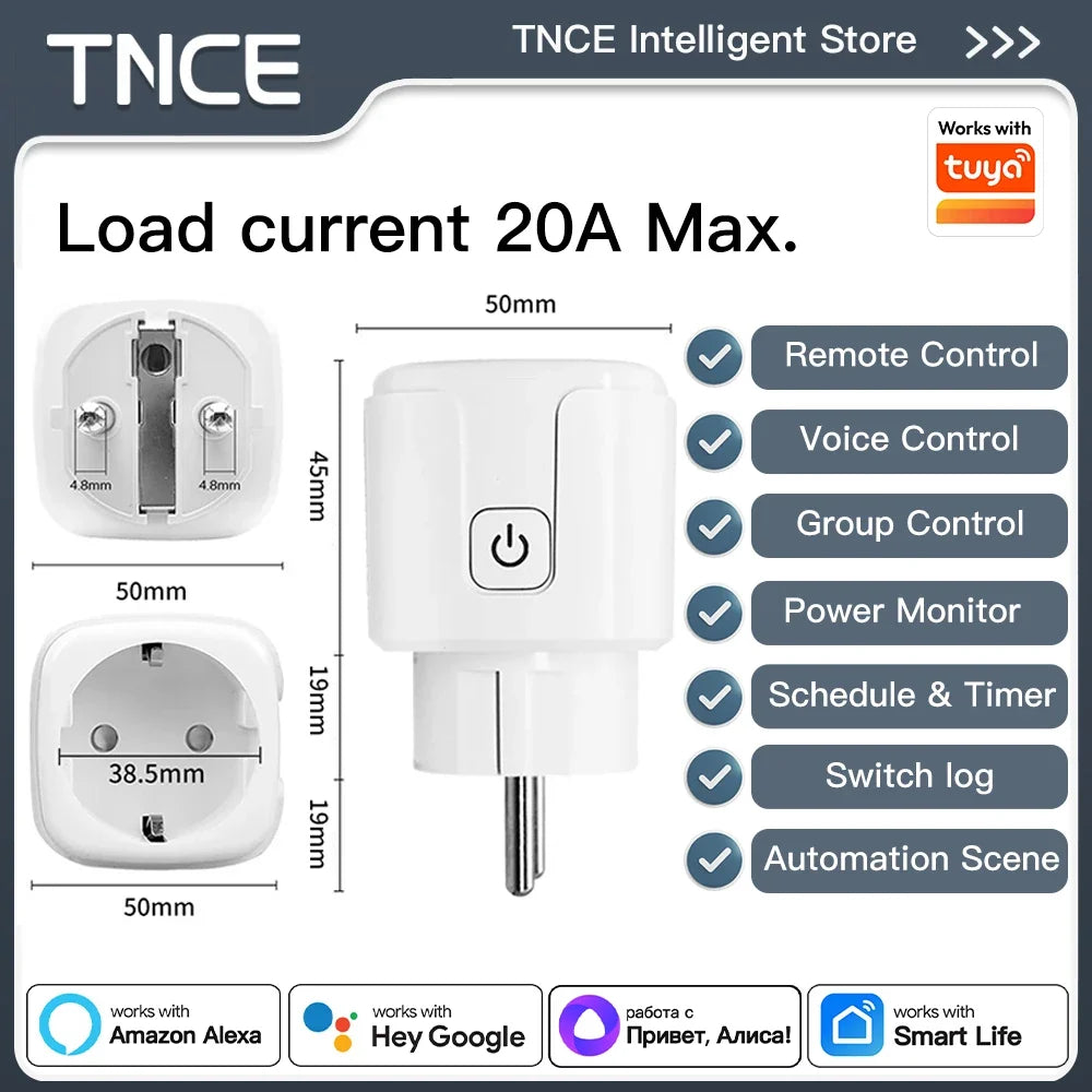 TNCE TUYA EU Plug wifi or zigbee3.0 Smart Socket 16/20A Power Monitor Timing Function Voice Control Works With Alexa Google Home