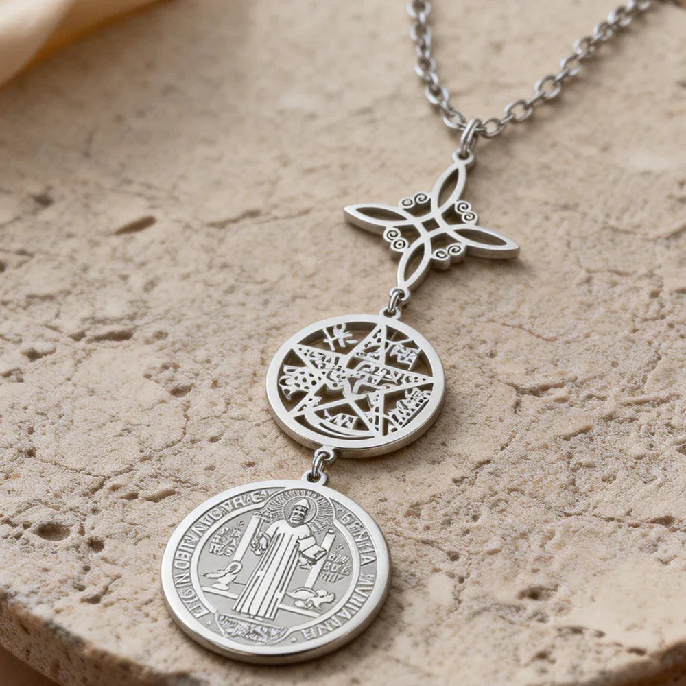 Triple Protection Necklace With Witch Knot Pentagram Tetragrammaton St. Benedict Stainless Steel Spiritual Symbol Amulet Jewerly