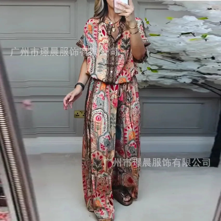 Retro Bohemian Print Set 2025 Summer Women's Two-piece Suit Short-sleeved Shirt Top + Wide-leg Pants for Summer Vacation Female