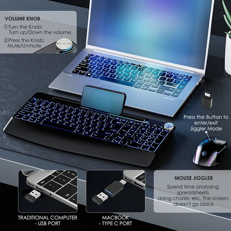 2.4G&Type-C Wireless Keyboard Mouse Combo with Wrist Rest,RGB Backlit,Silent Rechargeable Set for PC,Laptop,Window,Jiggler Mouse