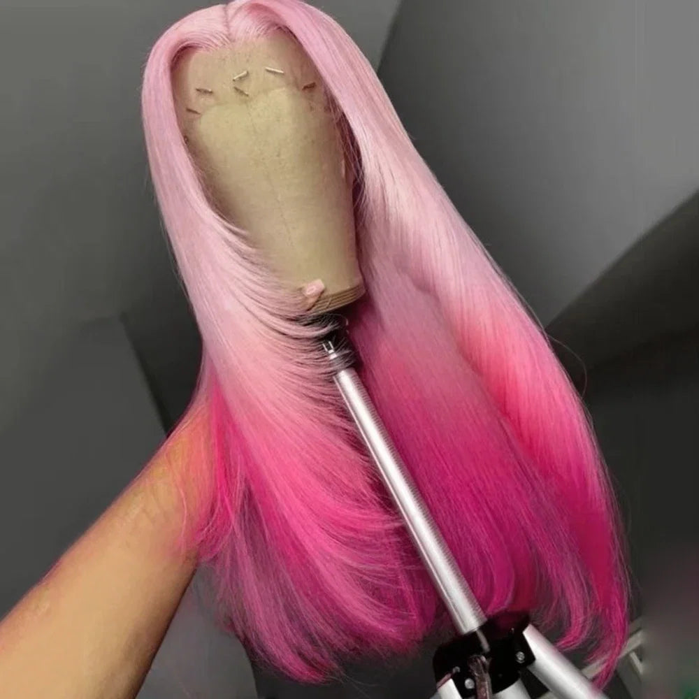 13x4 Ombre Pink Wig Layered Cut Silky Straight Synthetic Lace Front Wig for Women Heat Resistant Synthetic Hair Daily Use