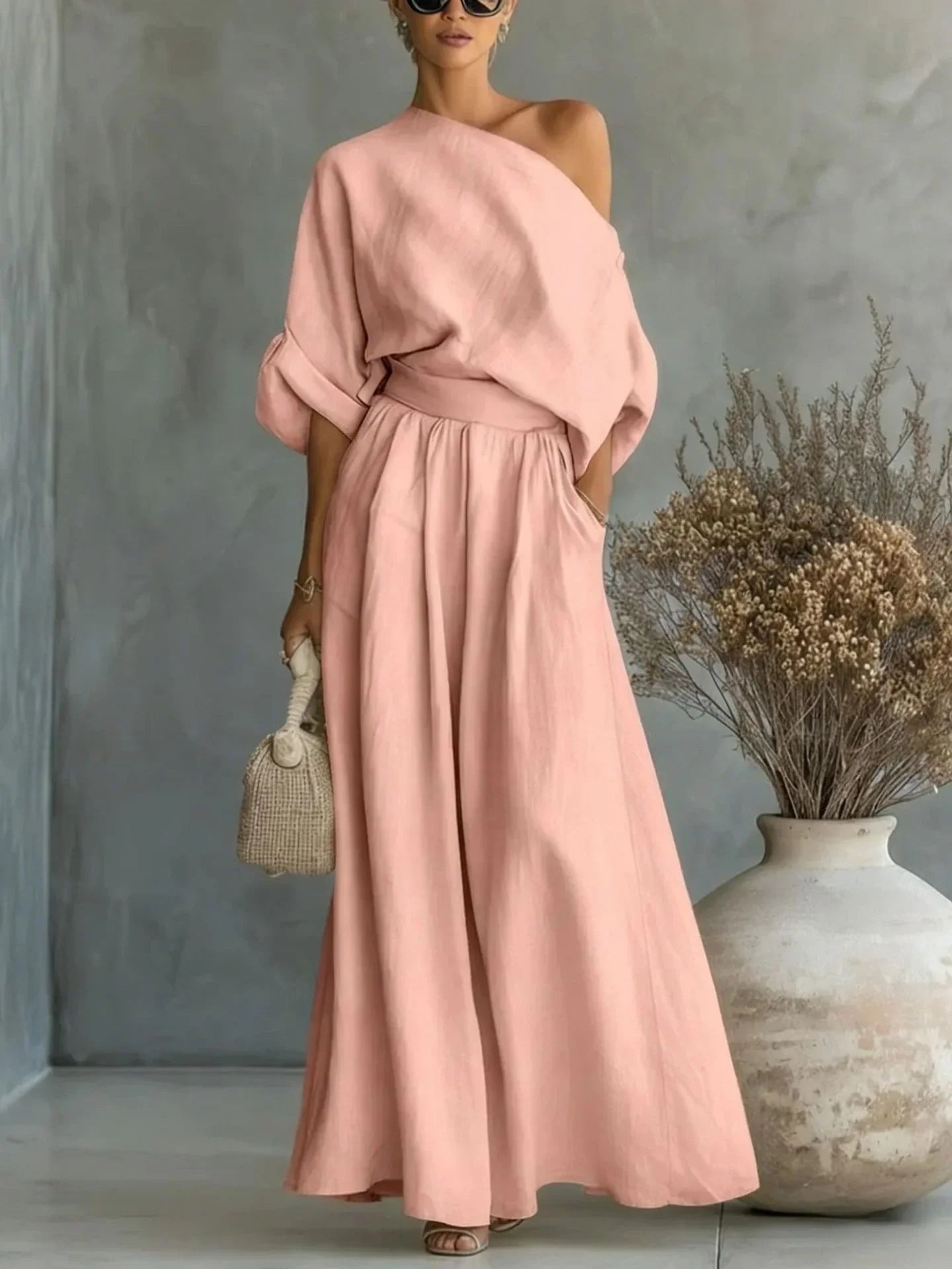 2026 Elegant Two-piece Short Sleeve Top & Casual Pants Set Woman Sexy Slash Neck Solid Suit Outfit Spring Fall Female Clothing