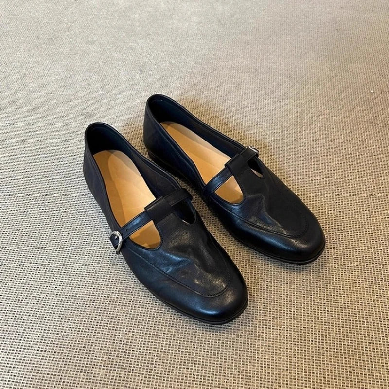 2025 Spring/Fall New Women's Vintage Mary Jane Shoes - Square Toe Low Cut Flats Soft Leather Loafers British Style Casual Shoes