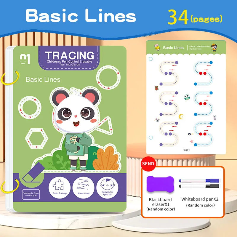 34-Page Reusable Children's Practice Book Set with Erasable Pen - Early Learning of Writing and Drawing Skills, Educational Books for Pen Control Training, Innovative Learning - Perfect Choice for Christmas and Birthday Gifts