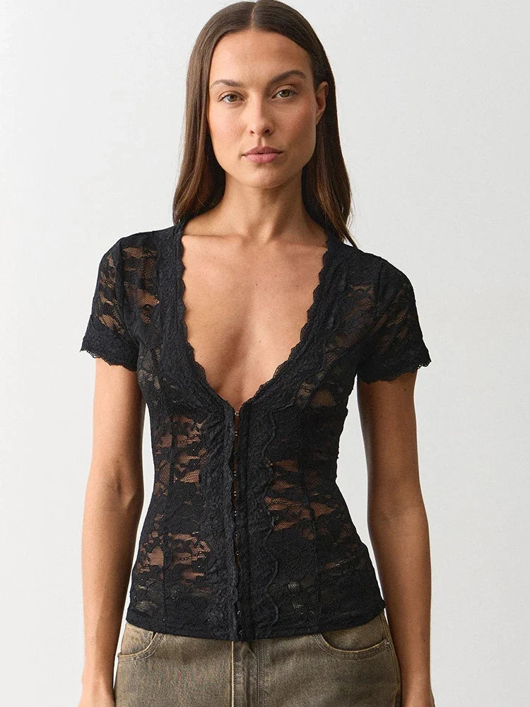 JULISSA MO Sexy Deep V-neck Sheer Lace Women T-shirt Black Short Sleeve Floral T-shirt Summer Skinny Casual Vacation Streetwear