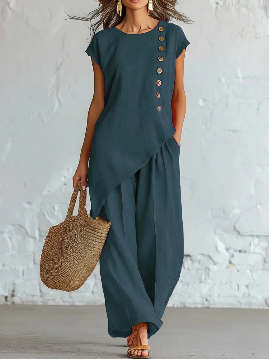 2026 Women 2 Piece Set Elastic Waist Pocket Button Decorate Wide Leg Pants+Solid Blouse Suit Casual Top Trousers Lady Outfits