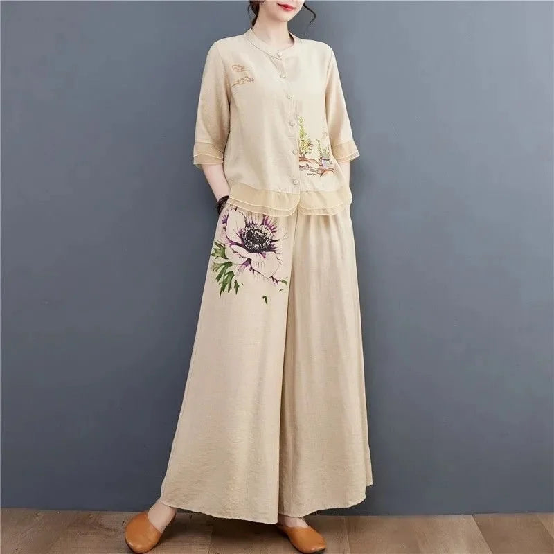 Spring Summer Women Leisure Large Size 5XL 2PCS Middle Aged Mother Mother Cotton Linen Suit 2025 Female Embroidery Two-piece Set