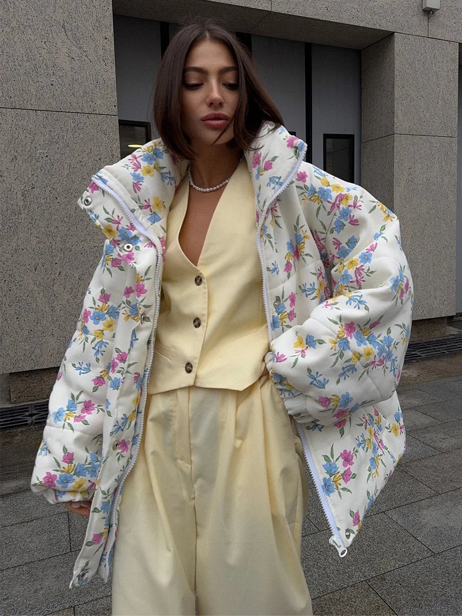 Bornladies New Women's Puffer Jacket Stand Up Collar Zipper Closure Floral Print Warm Cotton Filled Coat Oversized Autumn Winter