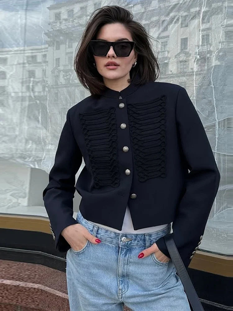 Chic Women's Cropped Jacket Stand Collar Single Breasted Long Sleeve Female Coat 2026 Spring Slim Fashion Solid Lady Outwear