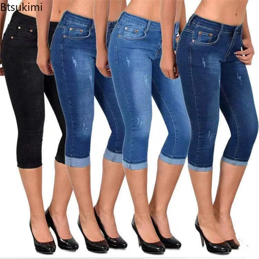 2026 Summer Women's Skinny Denim Pants Mid Waist Stretch Capri Pants Knee Length Trousers Fashion New Ladies Pencil Pants Jeans