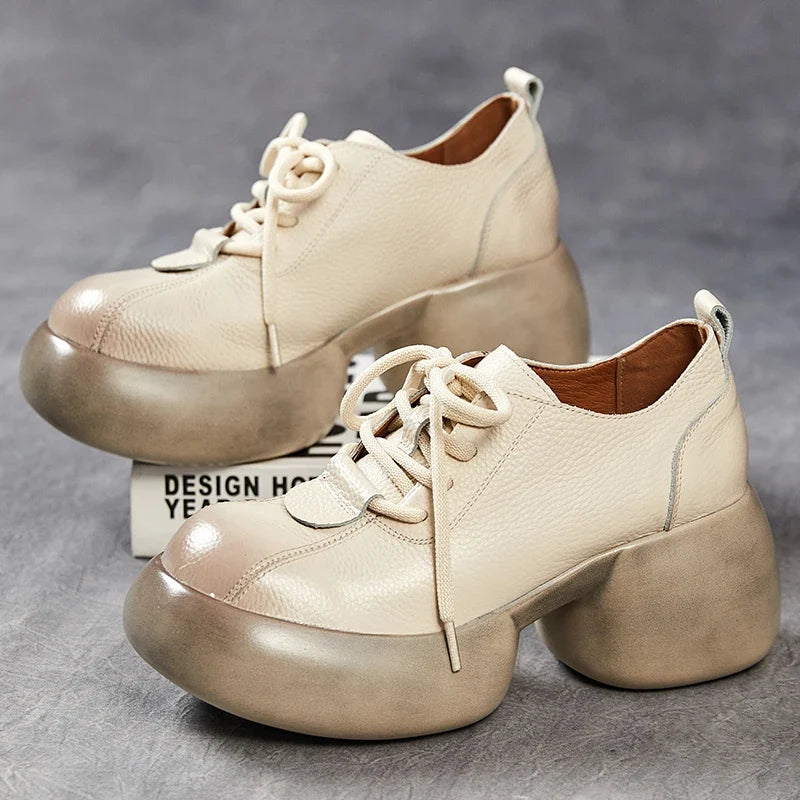 GKTINOO 2026 Spring New Genuine Leather Pumps Thick Soled Women Shoes Retro Comfortable Round Toe Wedges Platform Shoes