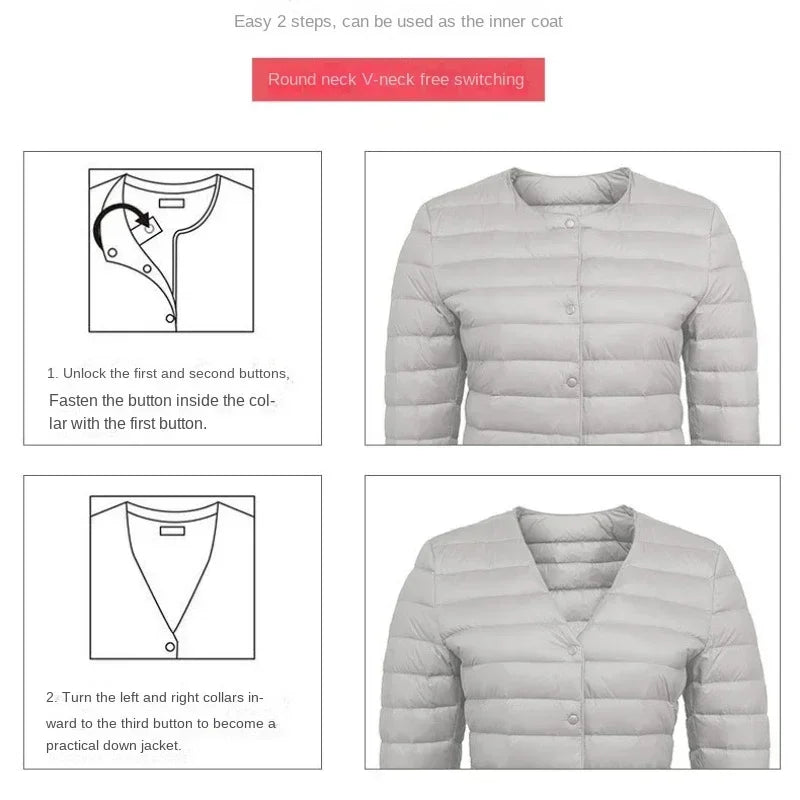 New Female Light Down Coat Women Liner Duck Down Jacket O-neck Variable V-neck 2024 Fall Collarless Light Quilted Puffer Coat