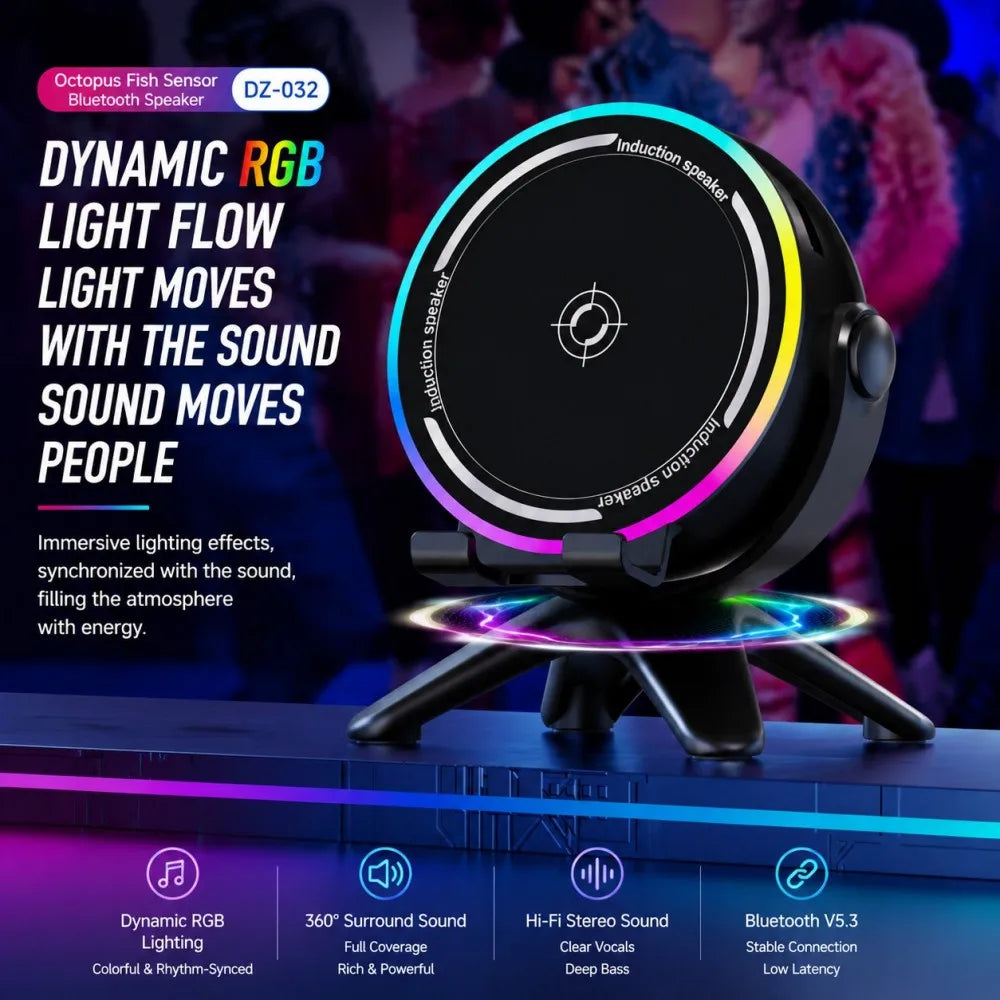 Wireless Sensor Bluetooth Speaker 5.3, HiFi 9D Sound RGB Light Long Battery Phone Stand for iPhone Samsung Xiaomi