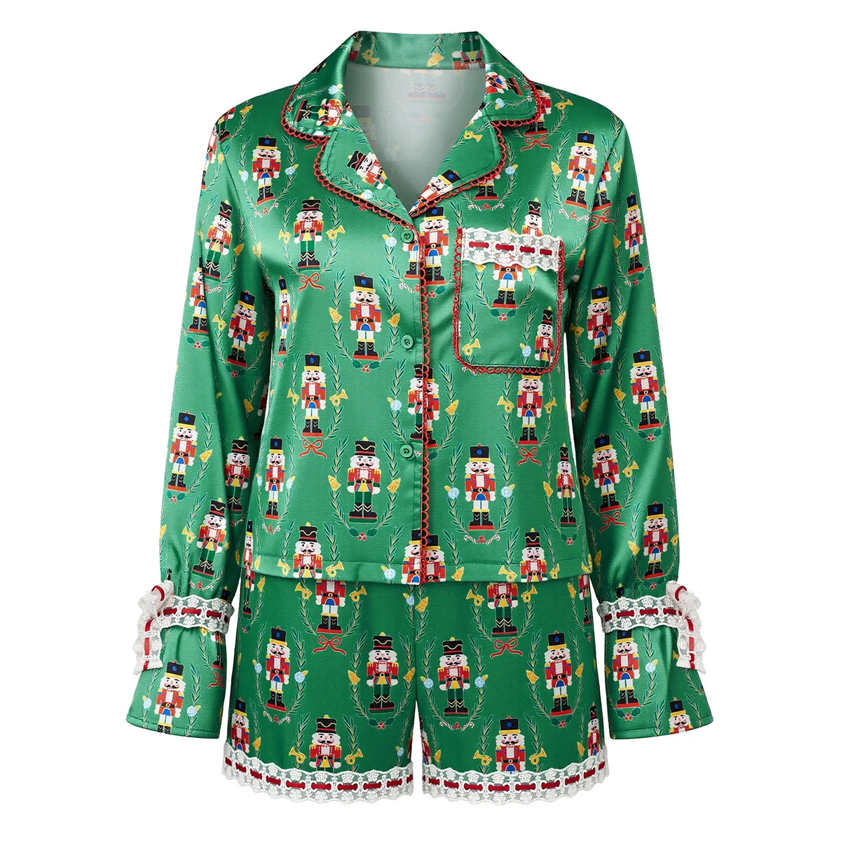 Womens Satin Christmas Pajamas Sets Print Button Up Long Sleeve Lapel V Neck Tops and Shorts Lounge Wear 2 Pieces Suits