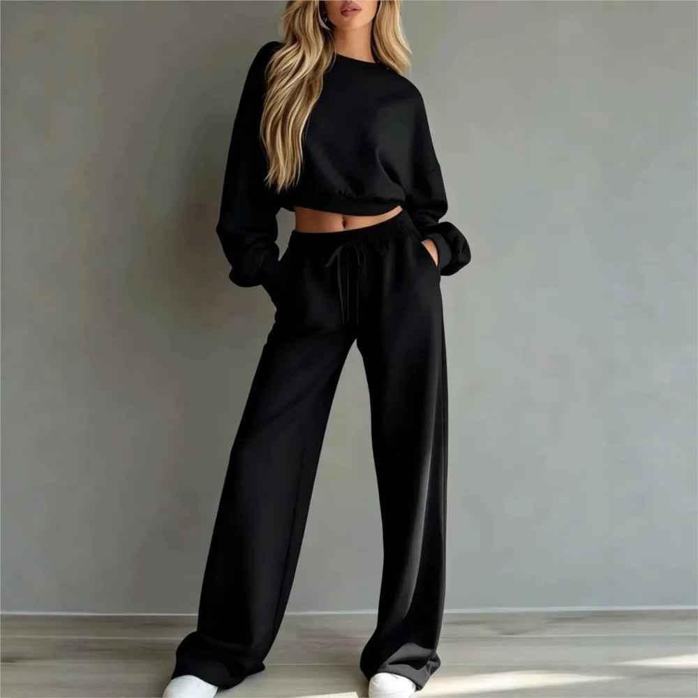 Autumn New Casual O Neck Long-sleeved Ultra-short Sweatshirt Trousers 2piece Set Women Fashion Casual Female Sports Trousers Set
