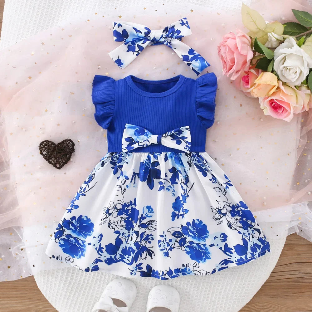 Baby Girl Dress Summer Cotton Bow Print Small Fly Sleeves Girls