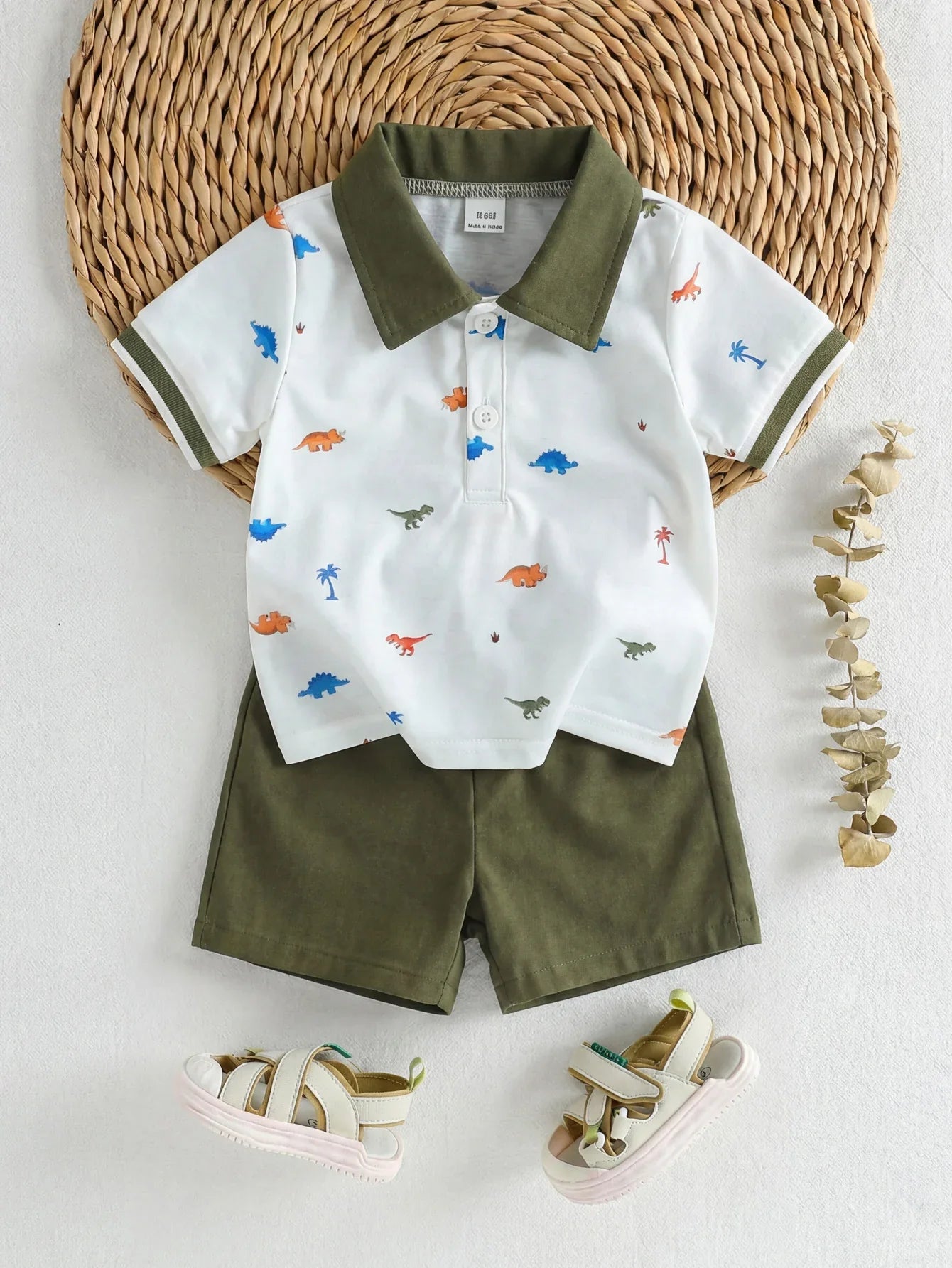 Baby Boy Polo 2‑Piece Set, Printed Lapel Short‑Sleeve Top With Solid Color Shorts, Casual Outfit For Summer Trip