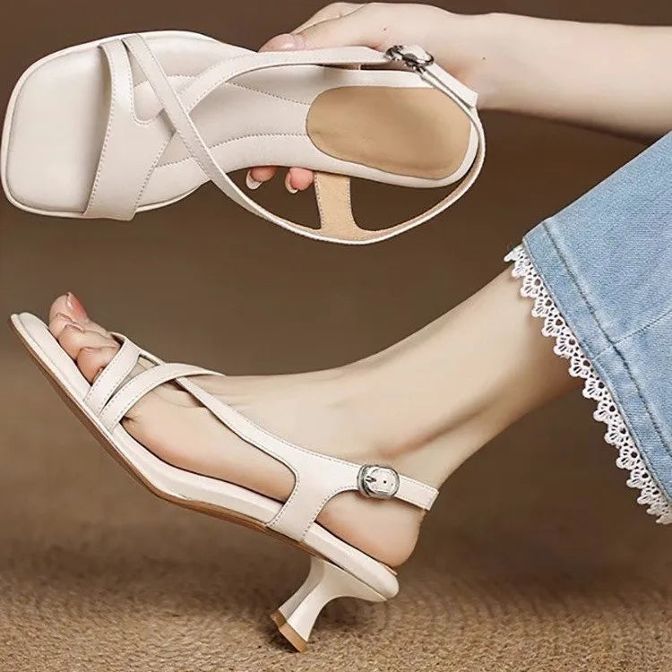 Women's Sandals Fashion Elegant Square Toes Cross Strap Low Heel Sandals Buckle Soft-soled Sandals Women Dress High Heel Shoes