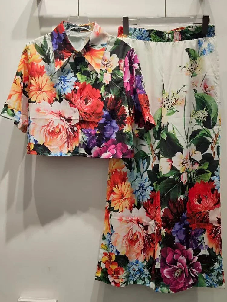 Spring and Summer New Women's Printed Pants Lapel Short Sleeve Waist Short Shirt + High Waist Wide Leg Pants Elegant Two-Piece S
