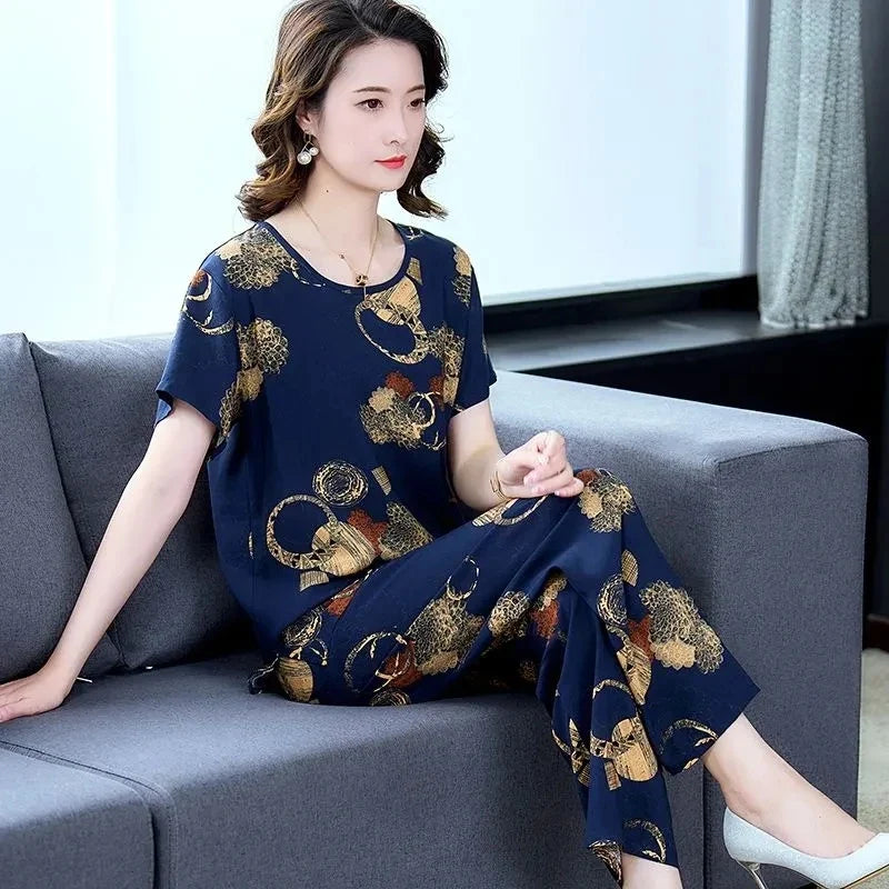 Cotton Silk Suit Summer Women's Sets New Casual Solid Color Short Sleeve Ankle-Length Pants 2 Piece Set Middle Age Mother Outfit
