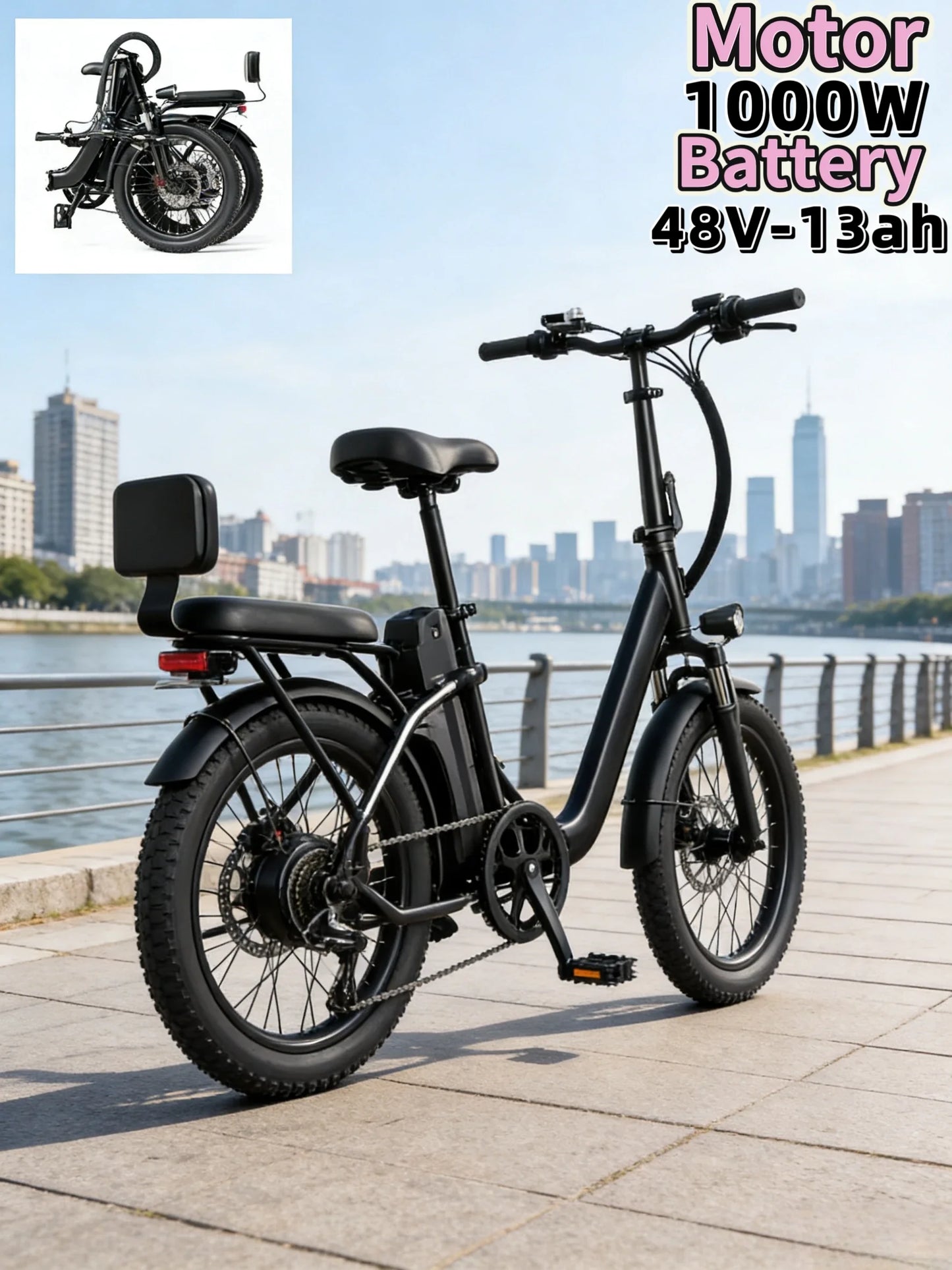 48V13AH detachable battery electric scooter, 20-inch foldable parent-child riding E-BIKE. , 1000W brushless motor electric bicyc