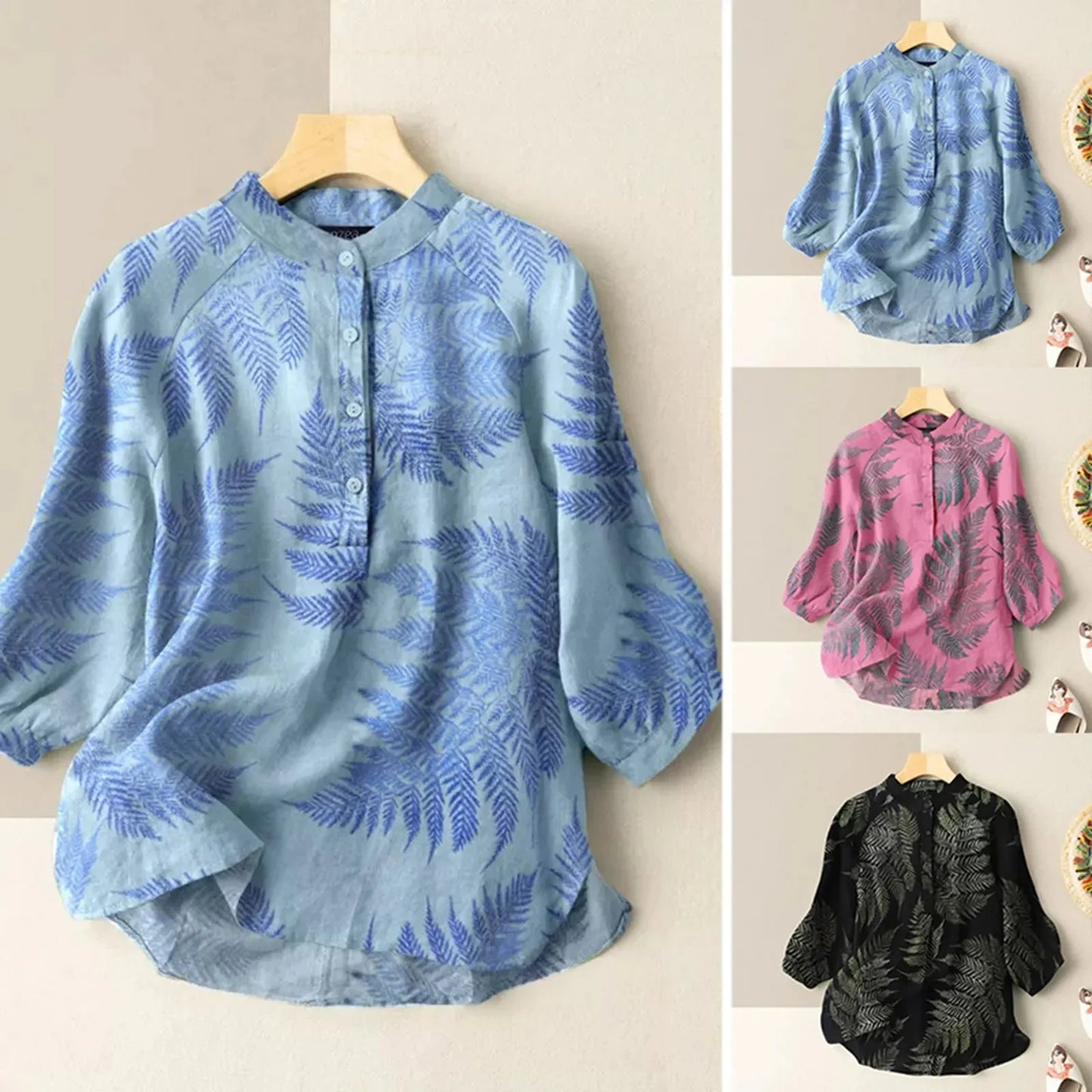 Blusa vintage de algodón y lino con botones