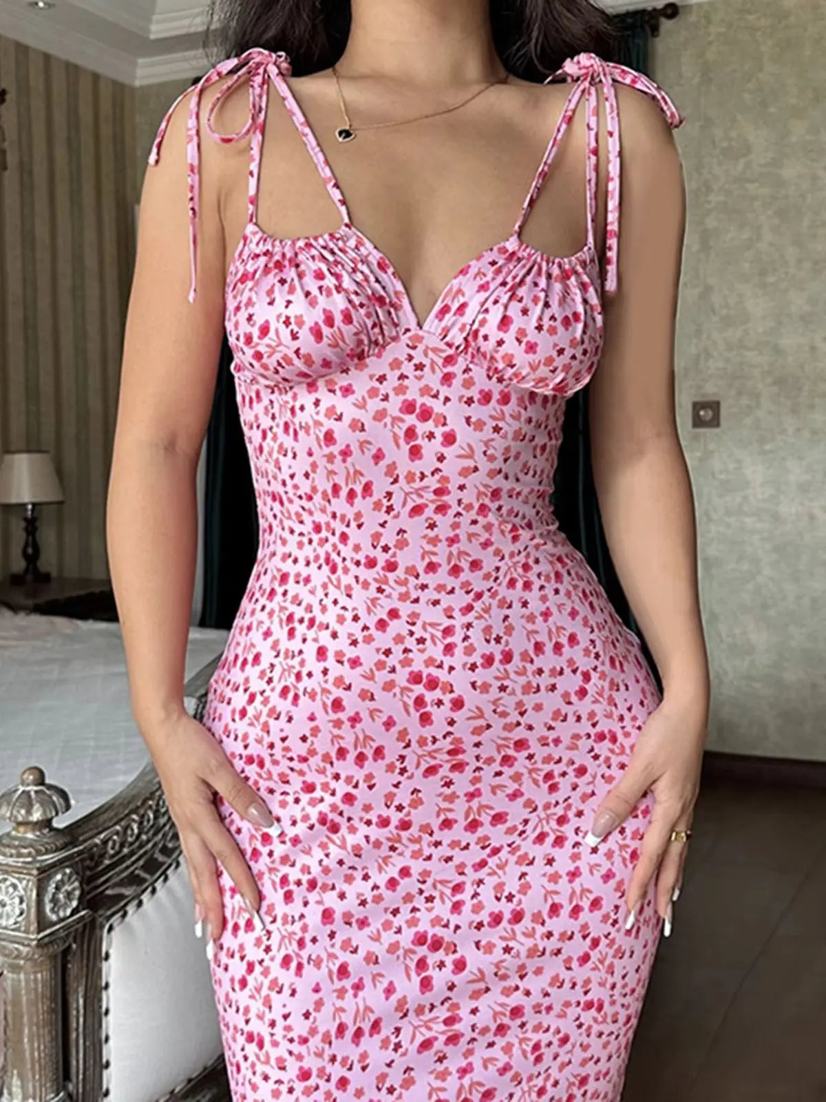 Summer Floral Midi Dress Women Spaghetti Strap Tie-Up V-Neck Split