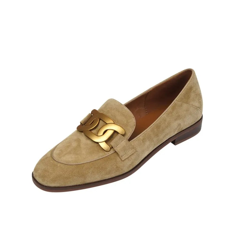 Suede Leather Women Loafers Spring/Autumn Low Heel Women Shoes Round Toe Chunky Heel Women Pumps Metal Buckle Shoes for Women