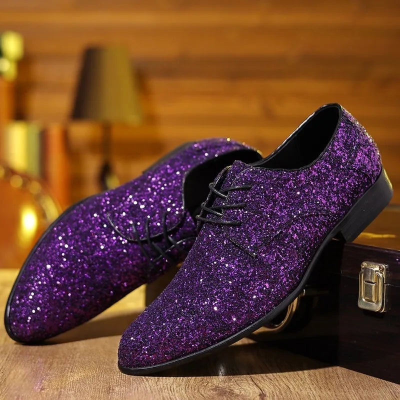 Luxury Men Dress Shoes Gold Silver Sequin Wedding Shoes High Quality Lace-Up  Oxford Shoes Fashion Designer Men Flats Large Size