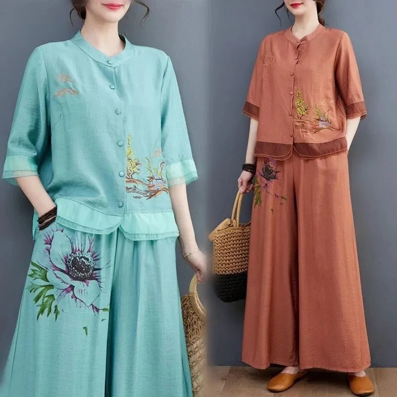 Spring Summer Women Leisure Large Size 5XL 2PCS Middle Aged Mother Mother Cotton Linen Suit 2025 Female Embroidery Two-piece Set